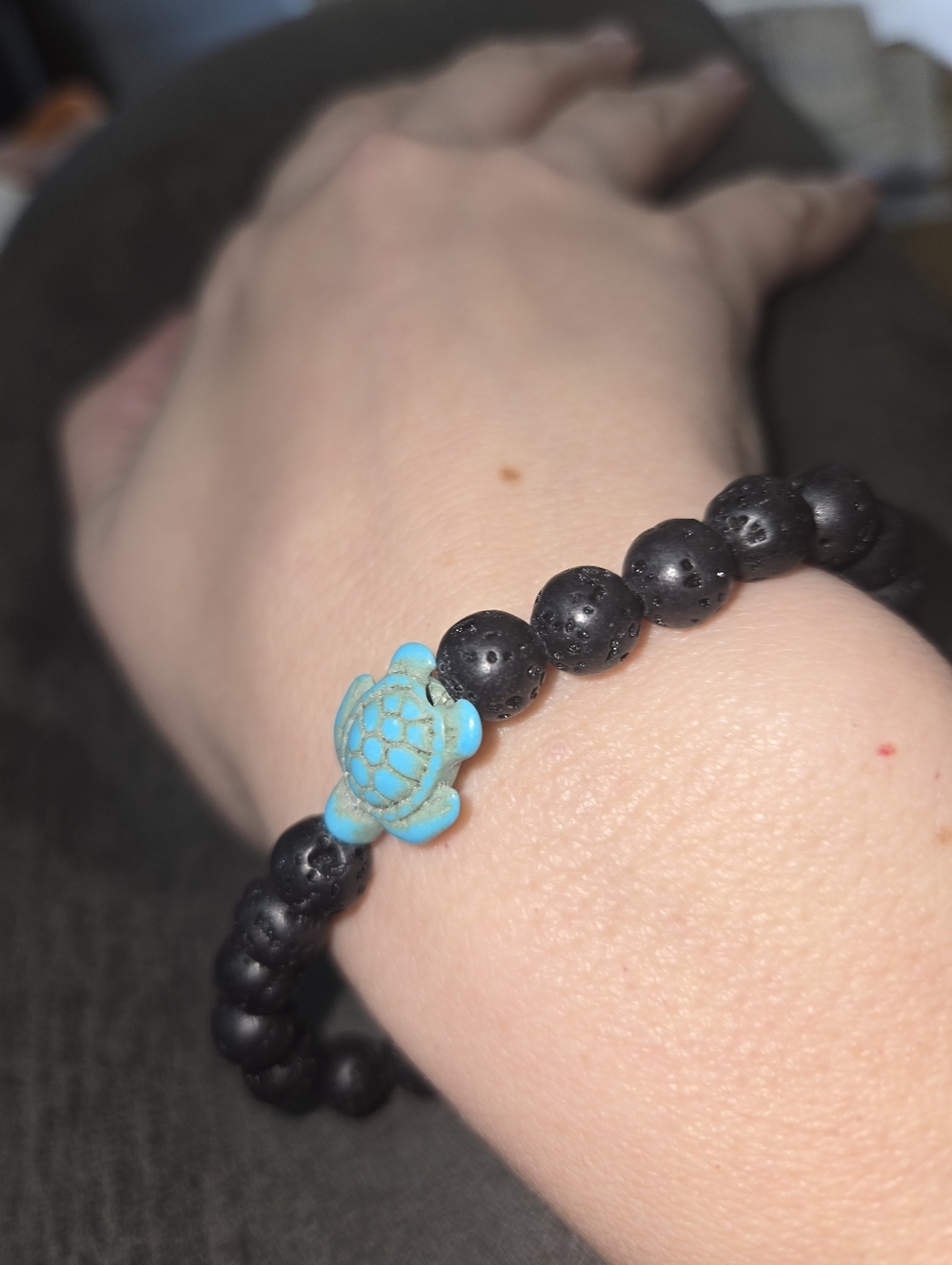 Black Lava Bead Bracelet with Turquoise Turtle • Handmade Boho Gemstone 031